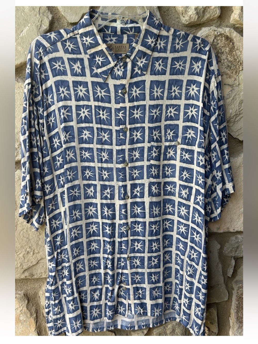 Vintage Lord & Taylor 4th of July Hawaiian Shirt Large Blue Ivory Stars Rayon